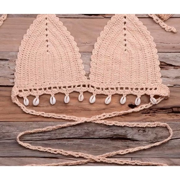 Apricot SEXY Seashell Crochet Wrap Around Waist & Neck Tie TOP ONLY NEW!π - Picture 2 of 13